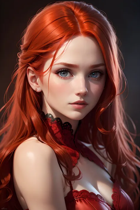 best quality,highres,ultra-detailed,(realistic:1.37),beautiful red-haired woman,beautiful red dress,detailed red hair and dress,highly detailed eyes,fine details,sharp focus,emotionally expressive face,delicate features,perfect lighting,soft shadows,vivid ...