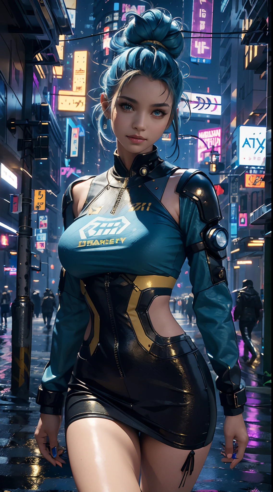 masterpiece, maximum quality, ultra high resolution, 8k, a girl,beauty,21years old,fair skin, extremely beautiful, ((Wheat colored skin)), alone,bust portrait,cyberpunk outfit, extremely detailed face, detailed eyes, mischievous smile, cheerful, realistic photo, totally realistic, human pelle, studio lighting,golden ratio body, wide hips,perfect legs, big ass,blue hair, double buns,gray clothing,D-cup breasts,in the cyberpunk city,cyberpunk city background,((night)),rain,walking