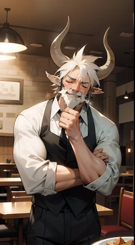 1man,50s ,solo,happy face,white shirt, black pants,gray beard,gray hair,closed eyes, horns,muscle,restaurant background,