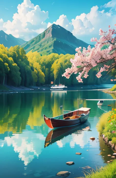 lagoon, beautiful, crystal clear water, boat sailing, fish, green grass, flowers, vibrant colors, high resolution