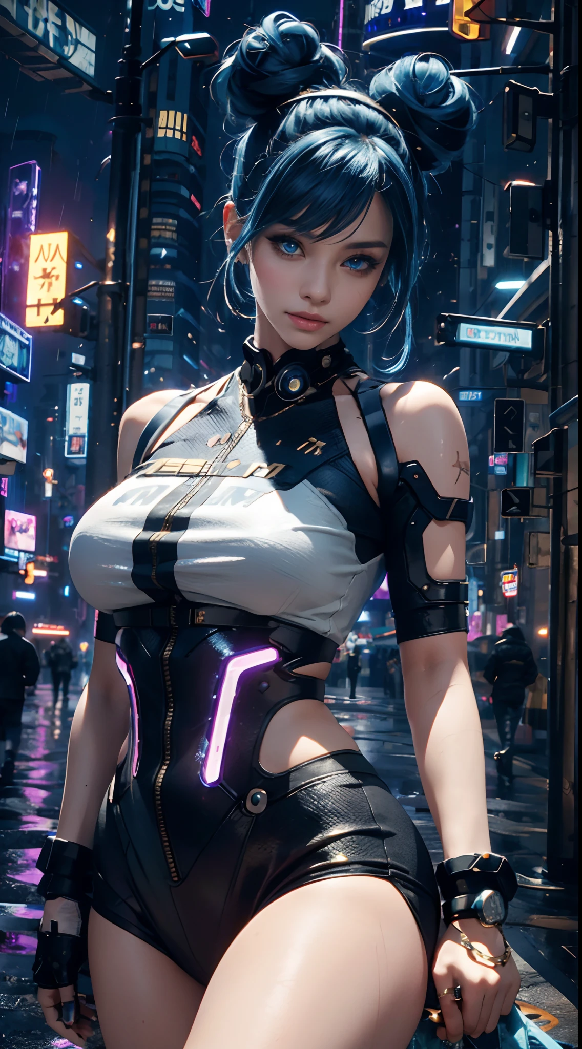 masterpiece, maximum quality, ultra high resolution, 8k, a girl,beauty,21years old,fair skin, extremely beautiful,white pupil, alone,bust portrait,cyberpunk outfit, extremely detailed face, detailed eyes, mischievous smile, cheerful, realistic photo, totally realistic, human pelle, studio lighting,golden ratio body, wide hips,perfect legs, big ass,blue hair, double buns,blunt bangs,black clothing,D-cup breasts,in the cyberpunk city,cyberpunk city background,((night)),rain,side pose
