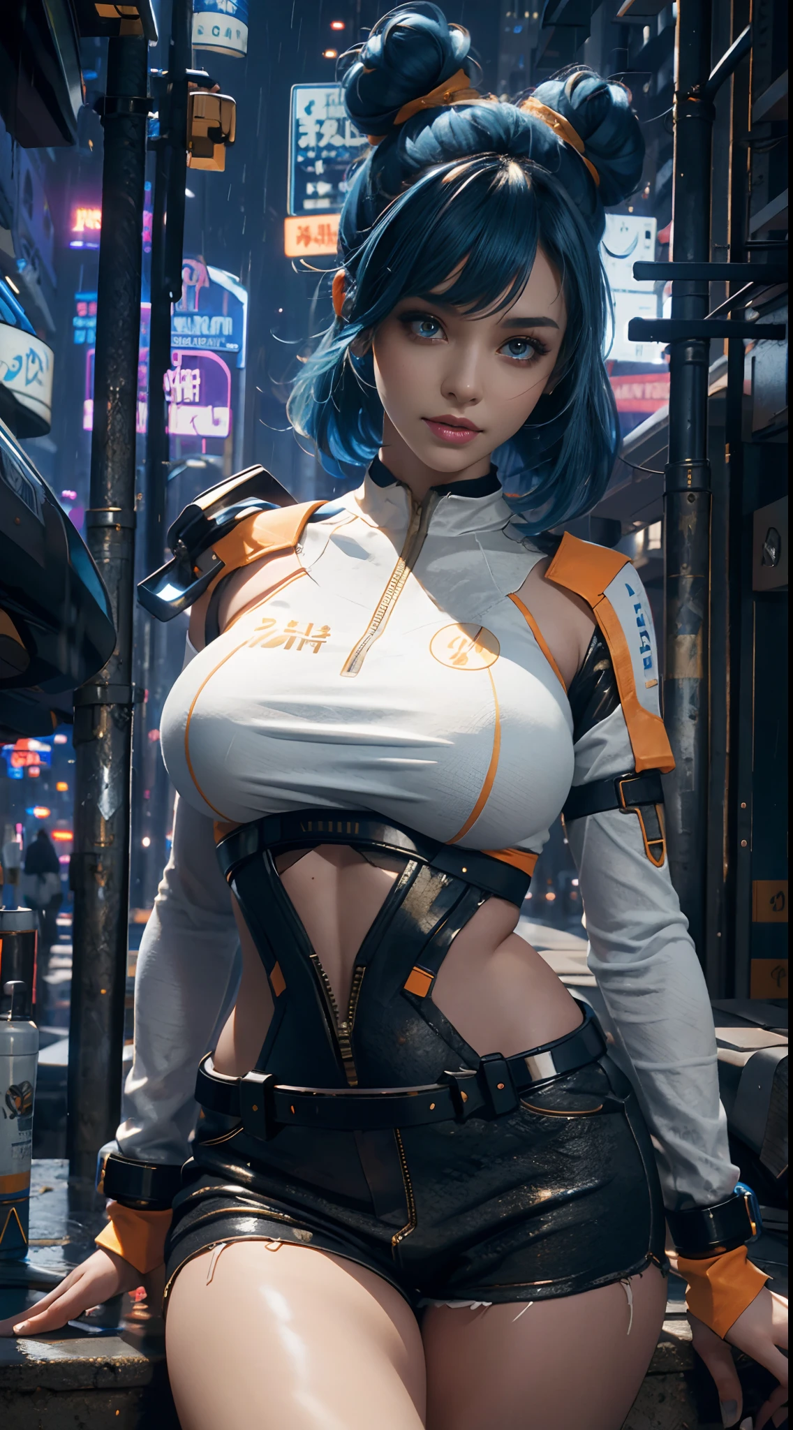 masterpiece, maximum quality, ultra high resolution, 8k, a girl,beauty,21years old,fair skin, extremely beautiful,white pupil, alone,bust portrait,cyberpunk outfit, extremely detailed face, detailed eyes, mischievous smile, cheerful, realistic photo, totally realistic, human pelle, studio lighting,golden ratio body, wide hips,perfect legs, big ass,blue hair, double buns,blunt bangs,orange and white clothing,D-cup breasts,in the cyberpunk city,cyberpunk city background,((night)),rain,side pose