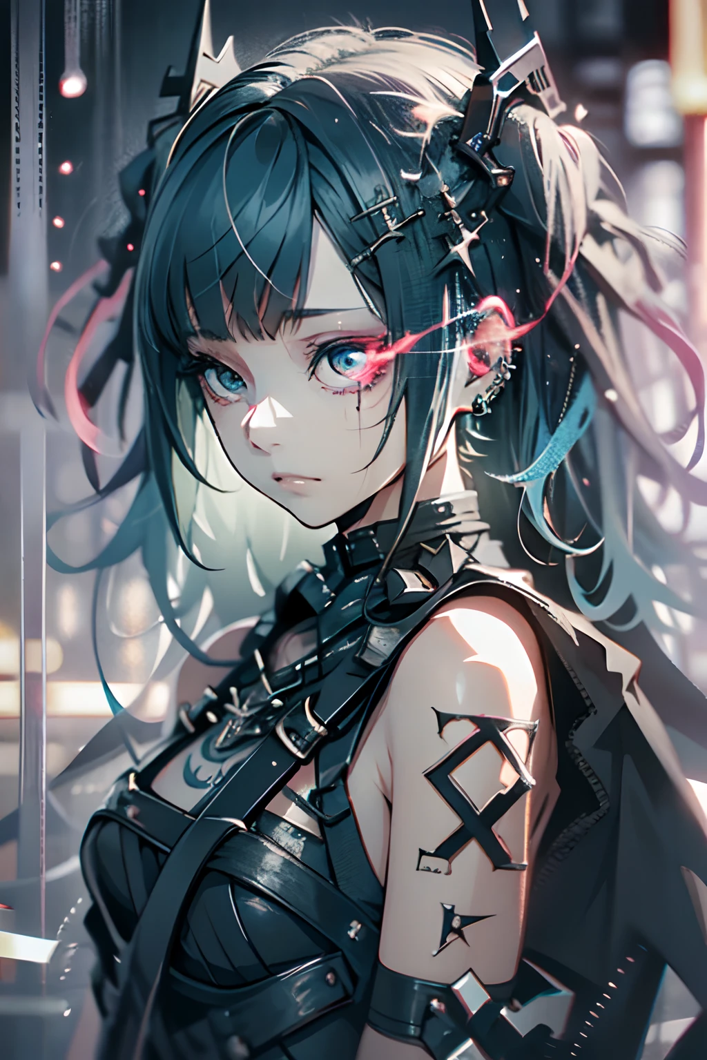 goth_punk, 1girl in, solo,、top-quality, Photorealistic, An ultra-fine illustrations, beautiful attractive anime girl, miku hatsune, Slender body, Tied hair, one girls, a photo of girl, Full body shot, Beautiful blue eyes, Turned,耳Nipple Ring、hair adornments、jewely、 Red Flame Eye, Red-eye trajectory, Eye of Fire, Eye trajectory,