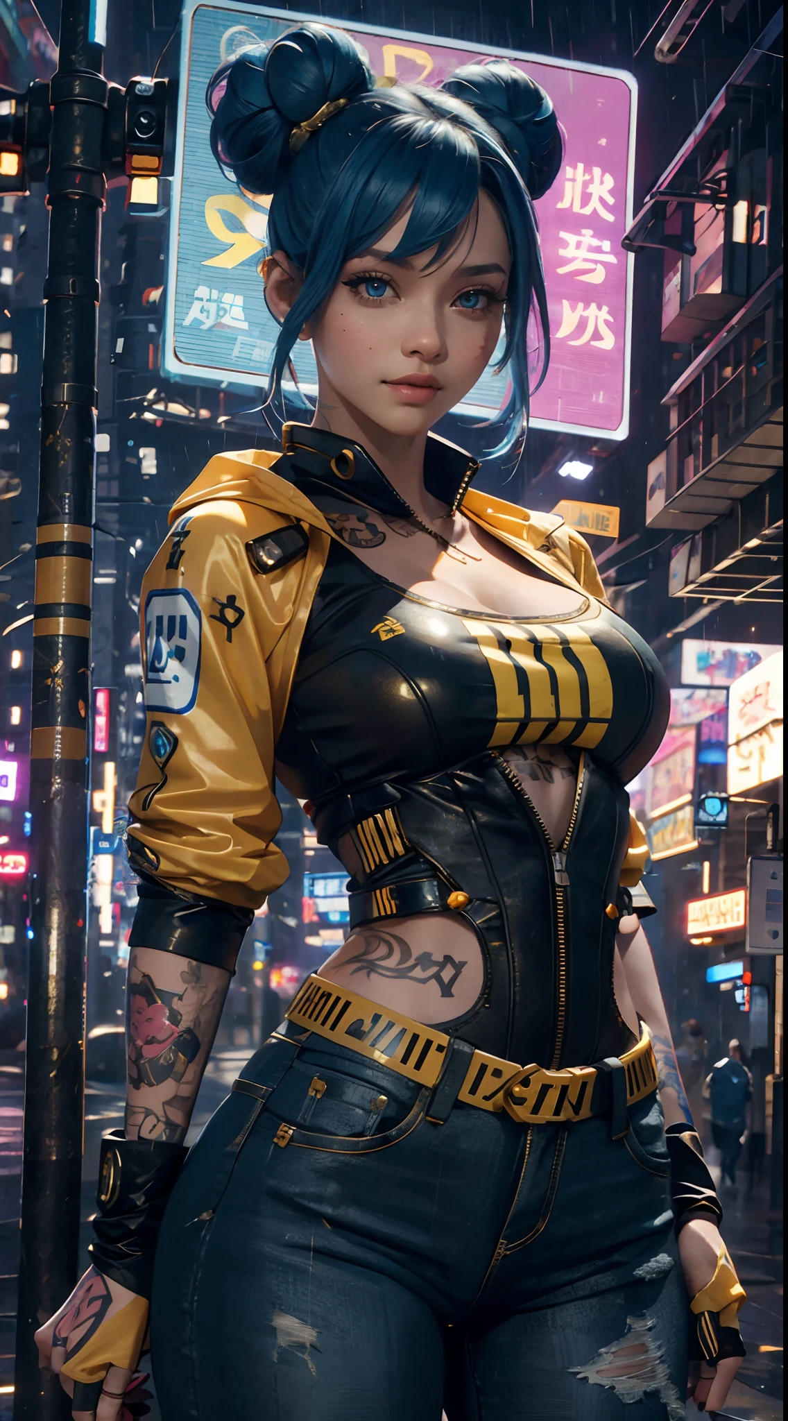 masterpiece, maximum quality, ultra high resolution, 8k, a girl,beauty,21years old,fair skin, extremely beautiful,strong gaze, alone,bust portrait,cyberpunk outfit, extremely detailed face, detailed eyes, mischievous smile, cheerful, realistic photo, totally realistic, human pelle, studio lighting,golden ratio body, wide hips,perfect legs, big ass,blue hair, double buns,blunt bangs,orange and white clothing,D-cup breasts,in the cyberpunk city,cyberpunk city background,((night)),rain,side pose,tattoos