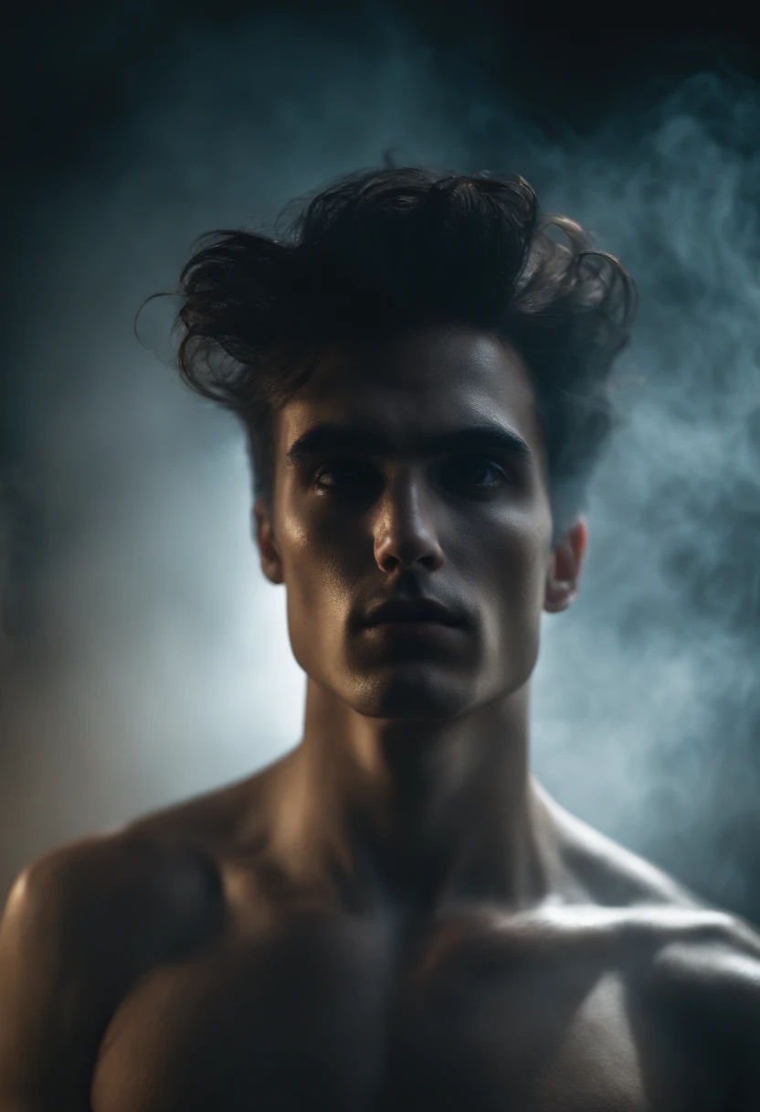 A close up of a man with a shirtless torso and a smoke billowing behind him  - SeaArt AI