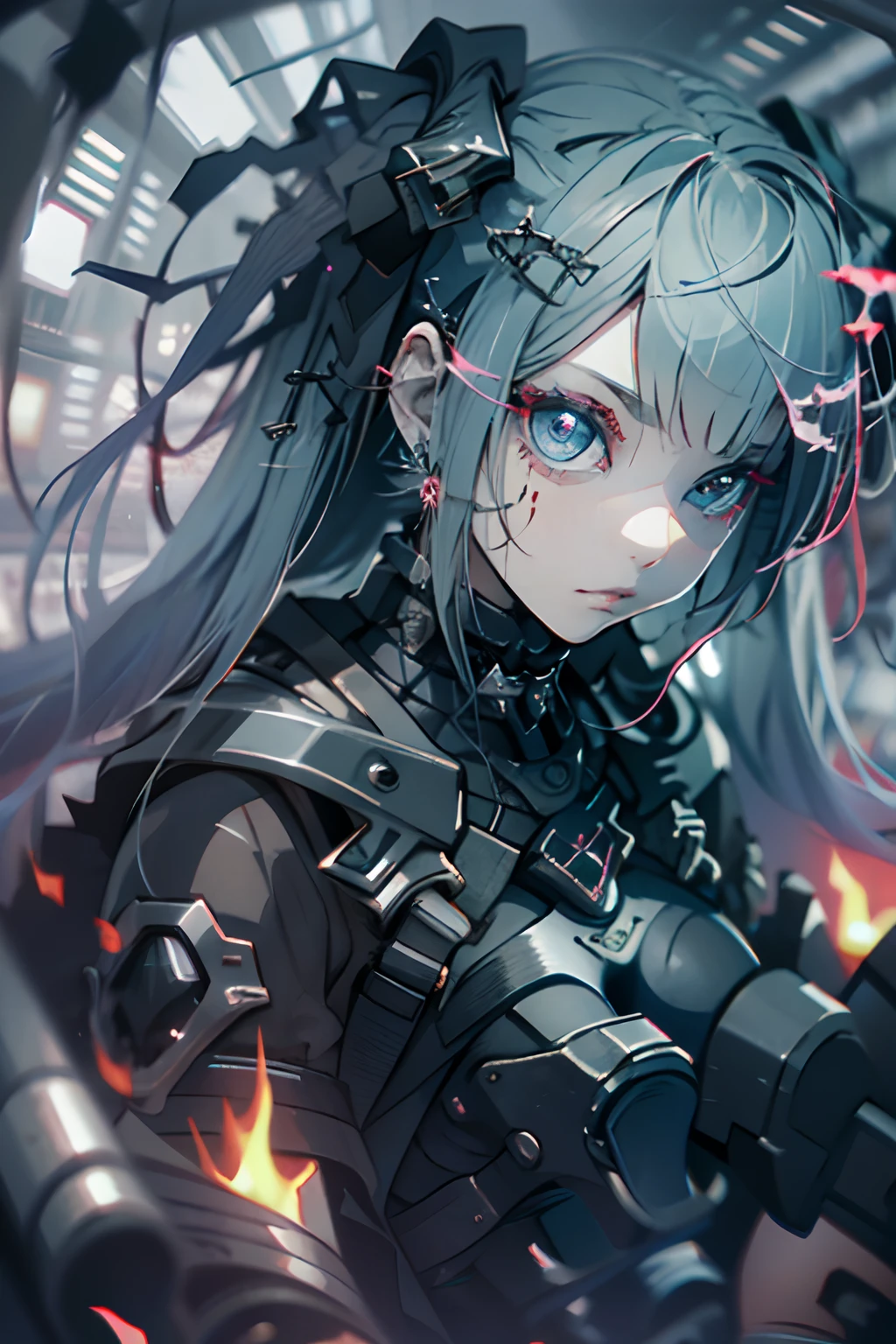 goth_punk, 1girl in, 独奏,、top-quality, Photorealistic, An ultra-fine illustrations, beautiful attractive anime girl, miku hatsune, Slender body, Tied hair, one girls, a photo of girl, Full body shot, Beautiful blue eyes, Turned,耳Nipple Ring、hair adornments、jewely、 Red Flame Eye, Red-eye orbit, Eye of Fire, Eye trajectory,