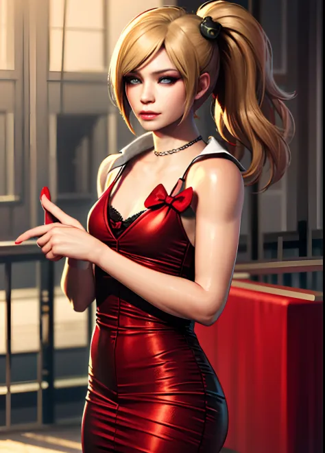 young woman 20 years old, red dress,blond hair, resident evil style, blue eyes, realistic style, 8k, small breasts, asian, model...