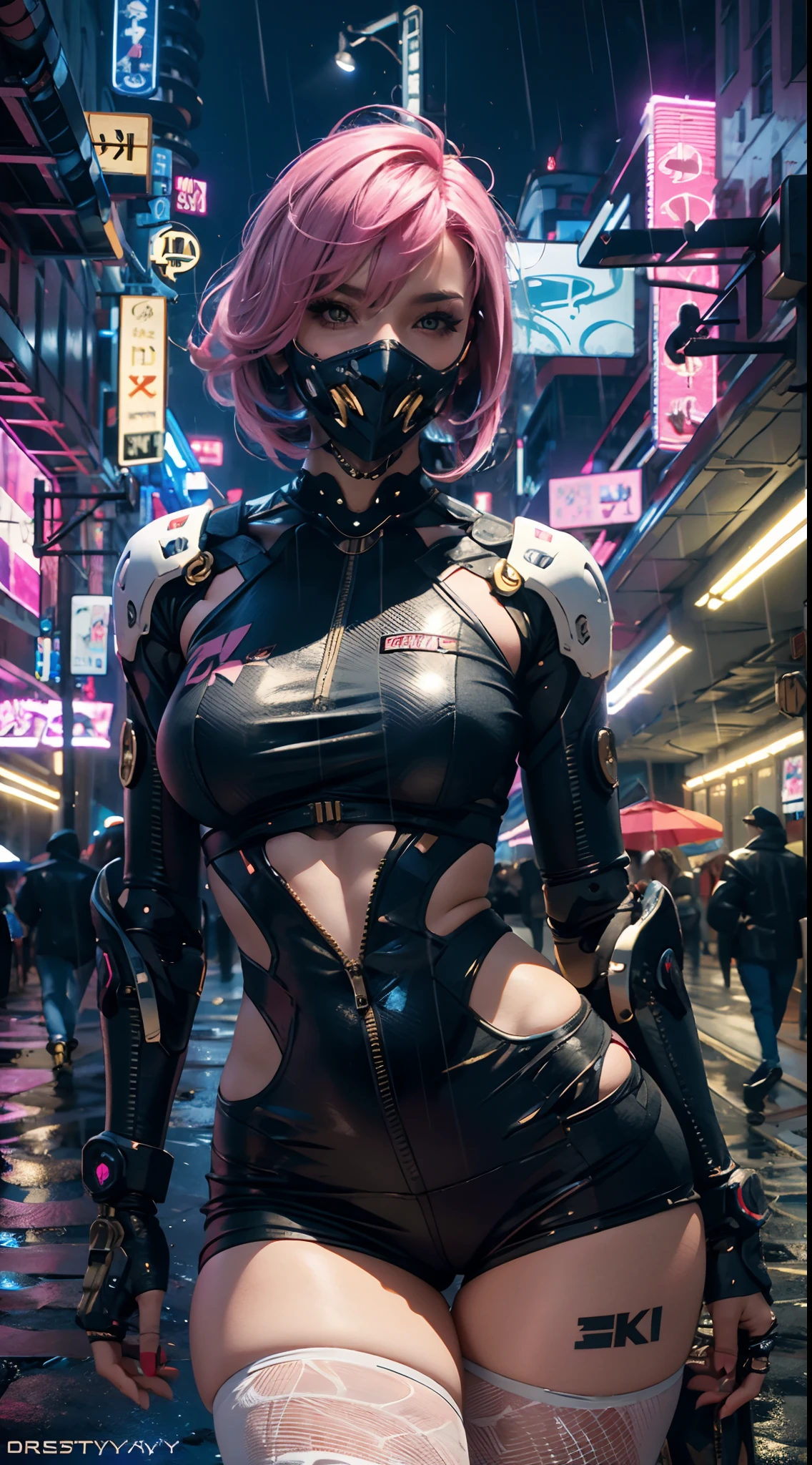 masterpiece, maximum quality, ultra high resolution, 8k, a girl,beauty,21years old,fair skin, extremely beautiful,strong gaze, alone,bust portrait,cyberpunk outfit, extremely detailed face, detailed eyes, mischievous smile, cheerful, realistic photo, totally realistic, human pelle, studio lighting,golden ratio body, wide hips,perfect legs, big ass,pink hair,blunt bangs,blue and white clothing,D-cup breasts,in the cyberpunk city,cyberpunk city background,((night)),rain,tattoos,Combat posture,cyborg,Mechanical mask
