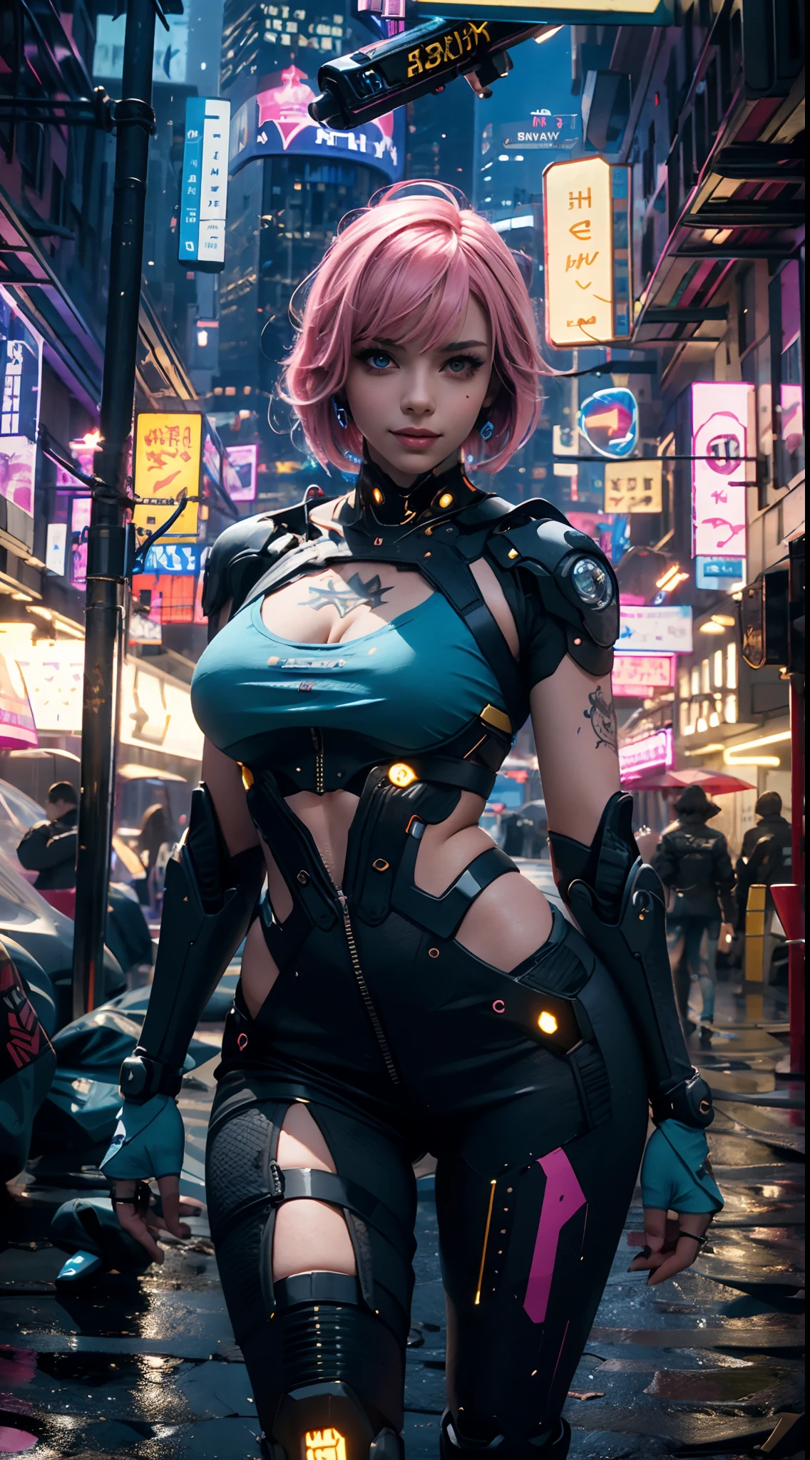 masterpiece, maximum quality, ultra high resolution, 8k, a girl,beauty,21years old,fair skin, extremely beautiful,strong gaze, alone,bust portrait,cyberpunk outfit, extremely detailed face, detailed eyes, mischievous smile, cheerful, realistic photo, totally realistic, human pelle, studio lighting,golden ratio body, wide hips,perfect legs, big ass,pink hair,blunt bangs,blue and white clothing,D-cup breasts,in the cyberpunk city,cyberpunk city background,((night)),rain,tattoos,Combat posture,cyborg,Mechanical mask