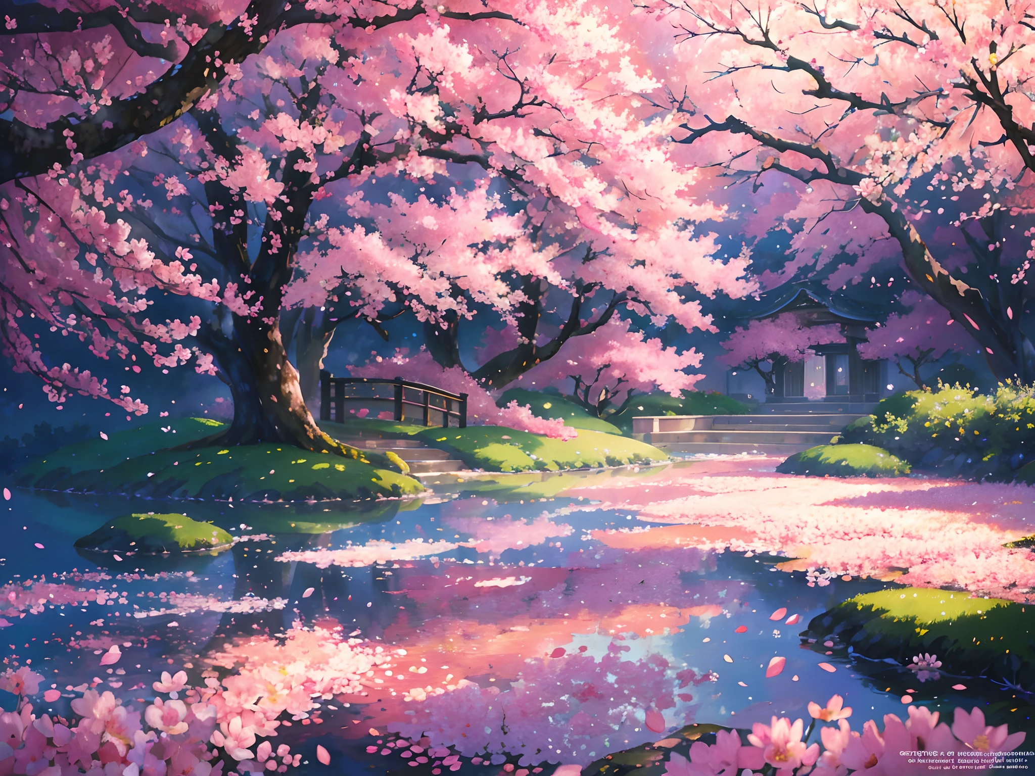 風になびく美しい桜, 花びらに泡立つ露の滴で, 見事なアニメアートスタイル, 鮮やかな色, 柔らかく夢のような照明, 高解像度とリアルなディテール.