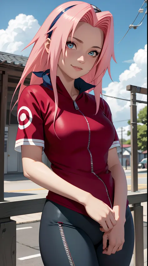 tmasterpiece， Best quality at best， 1girll，Solo， Sakura Haruno， Large breasts，（wallpaper body closeup)，Raised sexy，is shy，with pink hair， long whitr hair， （greene eyes:1.3)， Forehead protection， ssmile， blue-sky， Clouds， Hidden village，Red clothes, Zipper ...
