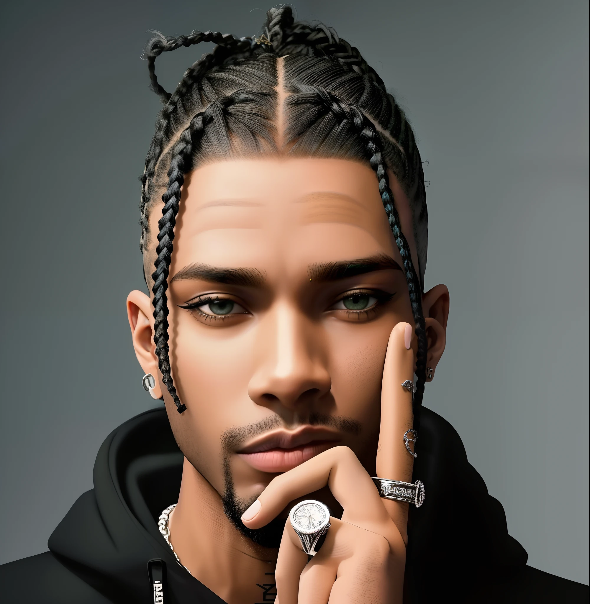 Man with dreads and a ring on his finger, xxxtentacion, long braided hair on top of head, Cornrows, Jordan Lamarre - WAN, playboi carti portrait, cornrows braids, handsome hip hop young black man, playboi carti, Face pretty, short hair on top of his head, complex braided hair