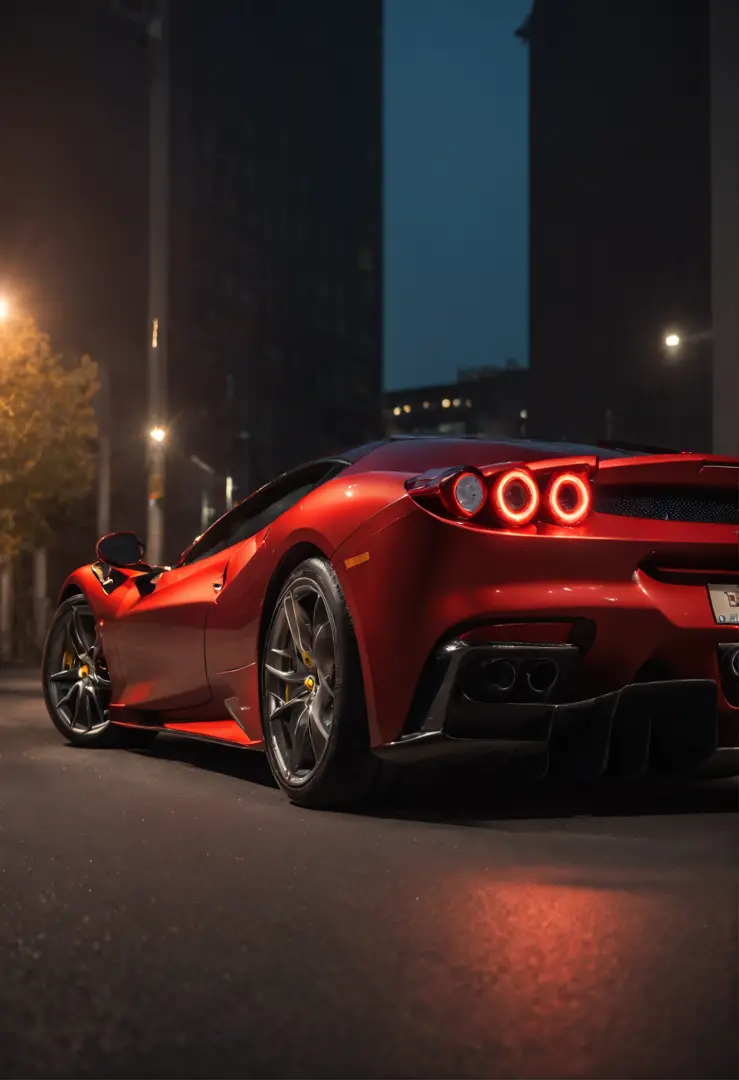 Detailed raw HD photo medium-distance photo of a (ferrari) with a big spoiler, showroom, parked in a parcade (darkly lit, dimly lit, discreet) grunge , menacing urban environment, metal tubes, concreating, decay, micro-details, hyperdetailed, raytracing, r...