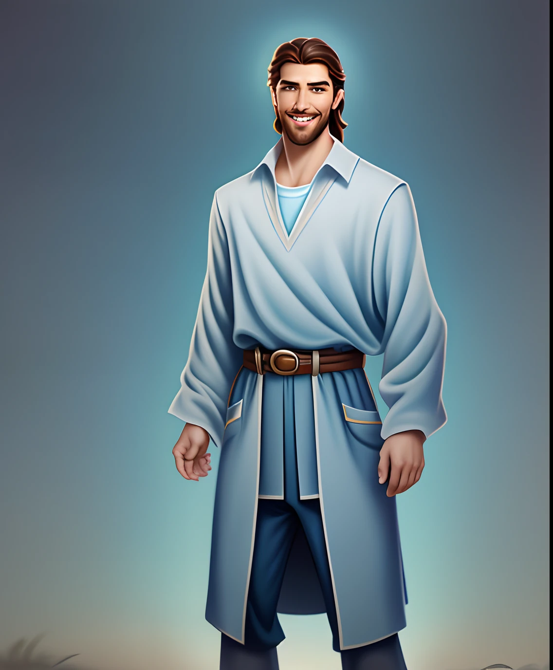 Qualidade de arte original, foto de corpo inteiro, Estilo de animação de personagens da Disney, jovem e bonito Jesus Deus, postura em pé, mãos naturalmente colocadas em ambos os lados, olhando para frente, expressão gentil e sorridente, olhos cheios de luz, fundo azul claro, Translúcido, com luz como tema, o foco da luz está nos personagens, a imagem geral é fresca e brilhante.