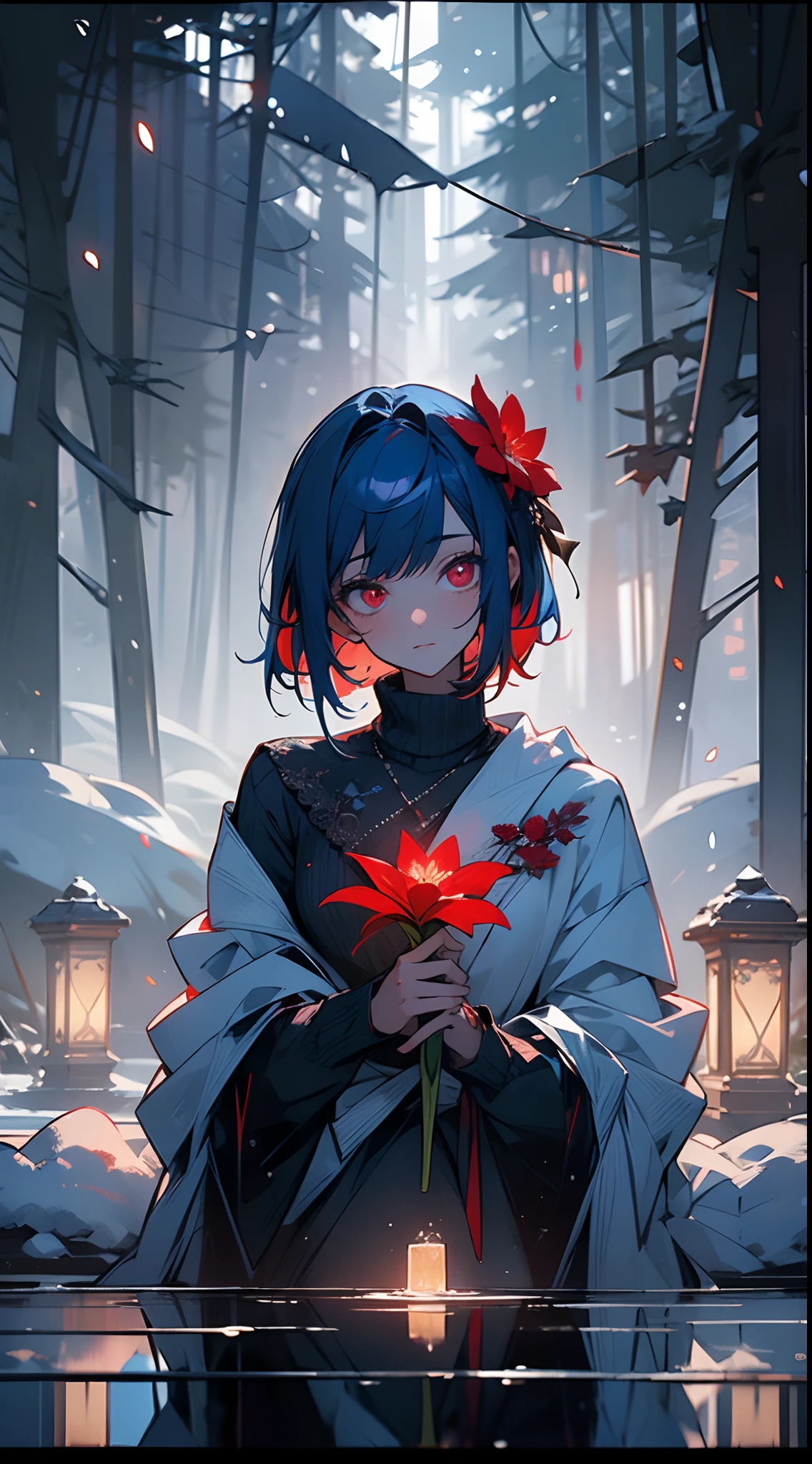 (((masterpiece, gorgeous))), best quality, a girl holding a red flower, holding flower, cute girl ,gorgeous red flower, (blue hair),cute, black sweater, close up,short hair, red eyes,  sensual, (glowing eyes), asthetic,style, stylish, happy,innocent, night, lamp, lamp lights
BREAK wallpaper, 4k, dramatic light,gorgeous light,cozy, warm, comfortable, peace, peaceful, cold snow, outside, depth, trees, ice lake, snow flakes,cinematic