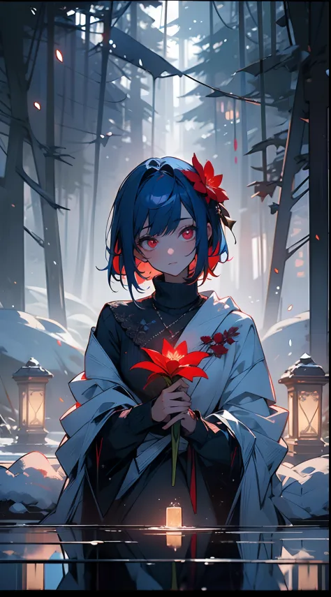 (((masterpiece, gorgeous))), best quality, a girl holding a red flower, holding flower, cute girl ,gorgeous red flower, (blue ha...