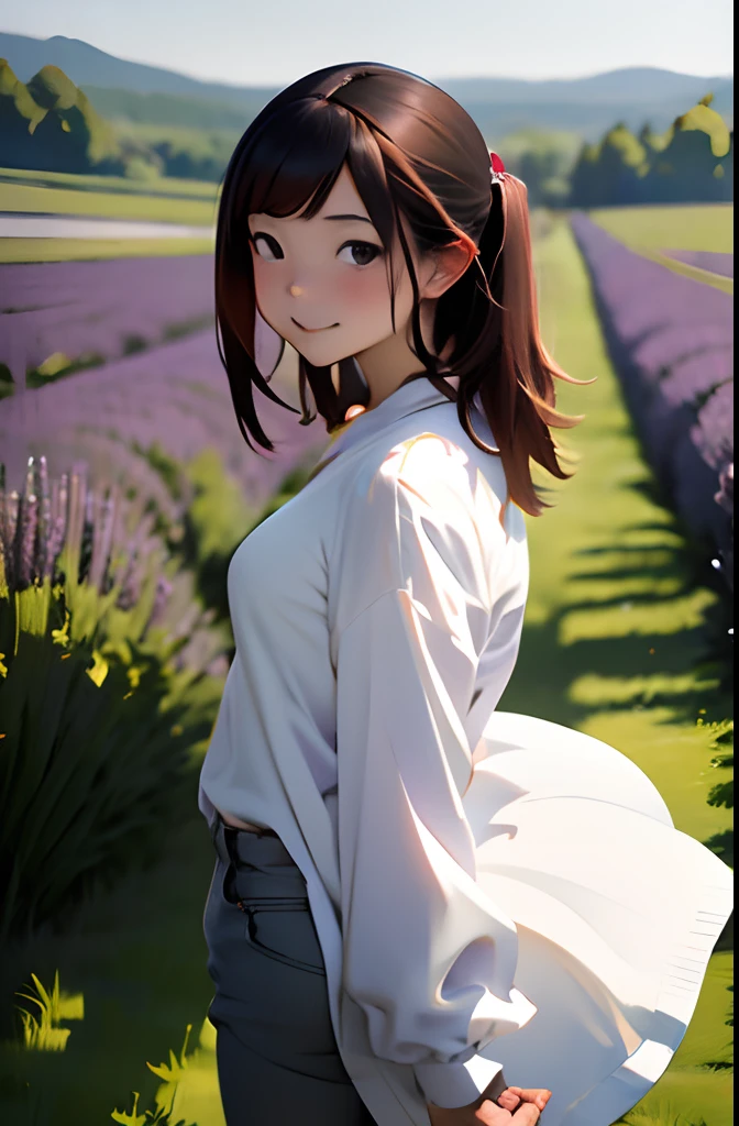 masutepiece), Best Quality, Ultra-detailed,girl with,White shirt、bionde、small nose、blurry backround:1.5、plein air、Lavender fields