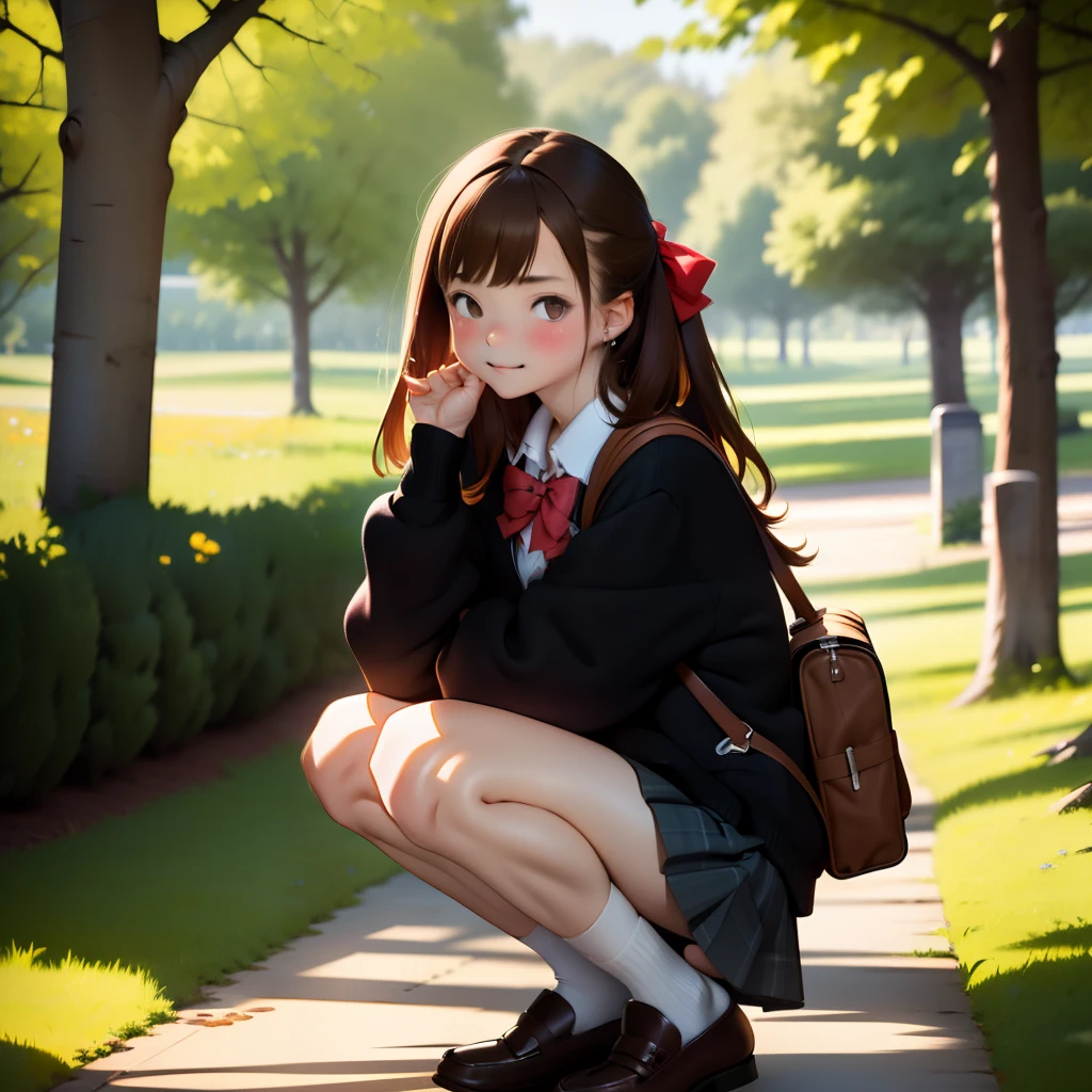 masterpiece, best quality, 1girl, solo, skirt, bag, outdoors, jacket, squatting, socks, shoes, looking at viewer, brown footwear, school uniform, plaid, loafers, blazer, brown hair, plaid skirt, black socks, long sleeves, bangs, open clothes, open jacket, bow, brown eyes, pleated skirt, bowtie, day, long hair, full body, bush, red bow, kneehighs, shirt, closed mouth, sleeves past wrists, backpack, hand on own face, red bowtie, black jacket, school bag, blush, plant, brown skirt, hand on own cheek, blurry, from side, hand up, looking to the side, collared shirt, miniskirt, white shirt, cardigan, grass, sweater, light smile