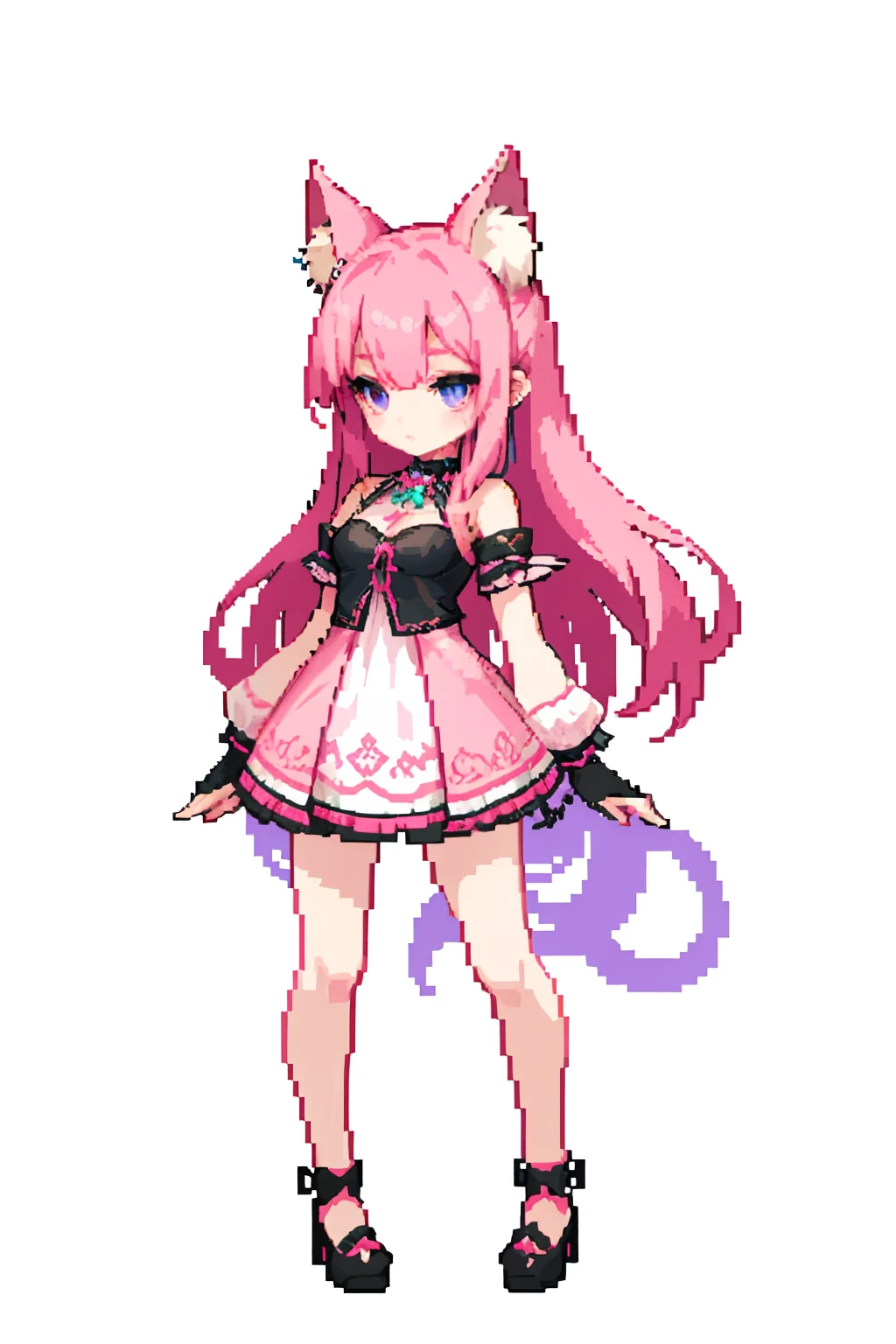 (masterpiece, top quality, best quality), pixel,pixel art,1girl, pink long hair, violet eyes, neko pink ears, red marks in face, sfw, Gothic clothing, black clothes with ornaments, full body, pink cat ears