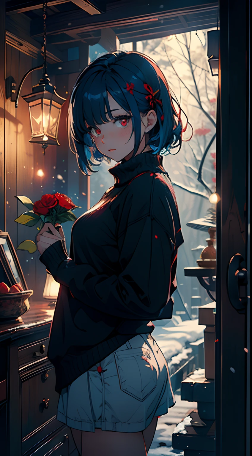 (((masterpiece, gorgeous))), best quality, a girl holding a red flower, holding flower, cute girl ,gorgeous red flower, (blue hair),cute, black sweater, close up,short hair, red eyes,  sensual, (glowing eyes), asthetic,style, stylish, happy,innocent, night, lamp, lamp lights
BREAK wallpaper, 4k, dramatic light,gorgeous light,cozy, warm, comfortable, peace, peaceful, cold snow, outside, depth, trees, ice lake, snow flakes,cinematic