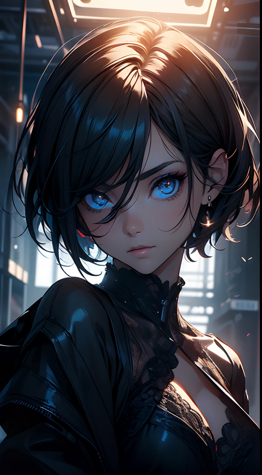 (((masterpiece, gorgeous))), best quality, close up,short hair sensual, (glowing eyes), asthetic,style, stylish, 1girl, cute, cute girl, depth, BREAK wallpaper, 4k, dramatic light,gorgeous light,cinematic, neon, fogs, perfect anatomy,perfect face,expressive eyes