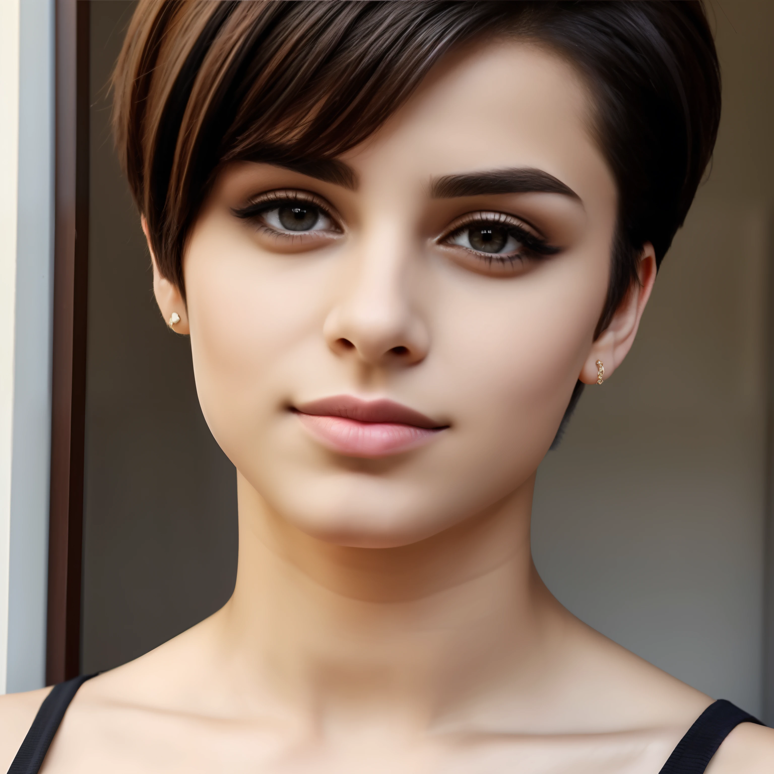 A close up of a woman with a short haircut and a black top - SeaArt AI