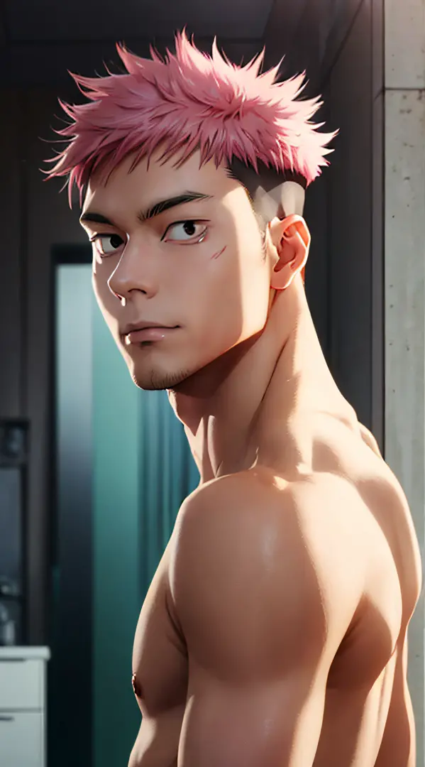 itadori_yuuji, pink hair, undercut, masterpiece, best quality, high quality, 1boy, solo, male focus, looking at viewer, upper bo...