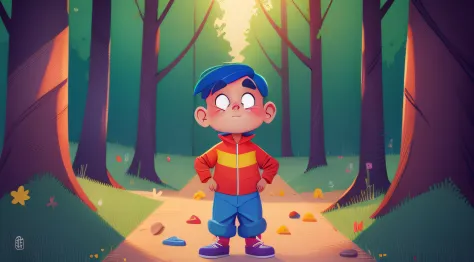 cartoon image, vibrant colors, A 4-year-old boy named Tommy was known for being curious and fearless. He loved exploring the forest and had a very strong sense of justice. One day, Tommy noticed that his neighbors' houses were running out of food.
