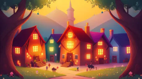 cartoon image, vibrant colors, There was a small village in the heart of an enchanted forest, where all the residents lived happily and shared their food. However, lately, something strange has been happening. Food was mysteriously disappearing from people...