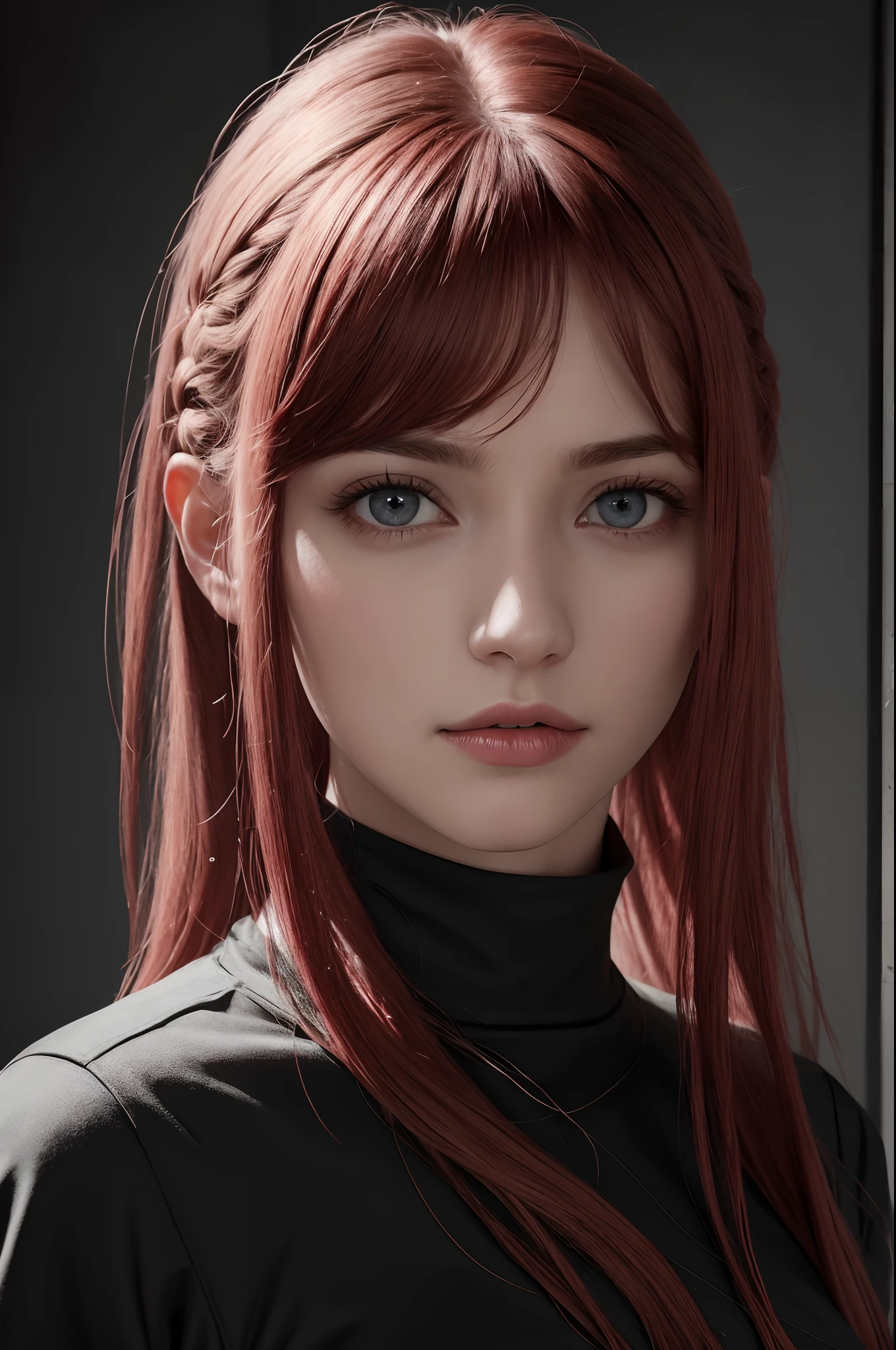 1girls, star eye, flush, perfect illumination, red hair, red eye, Unreal-Engine, sidelighting, ultra detailed face, 4K, Pony, gleaming skin, simple backround, dark background,