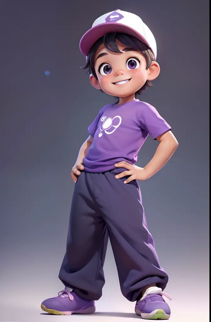 [(An adorable smiling boy standing up with one foot over a soccer ball:1.2)(Small and cuddly baby)(pele clara)(Feliz)][(vestindo fantasia inspirada no 'Minnie') , childrens illustration , fundo limpo], wearing a purple t-shirt and a beisball hat, corpo int...