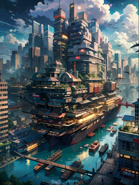 Very large flying ship、Lots of clouds,heavy fog、starrysky、Moon,Chaotic city of the future、Movie dystopia、A group of very tall sk...