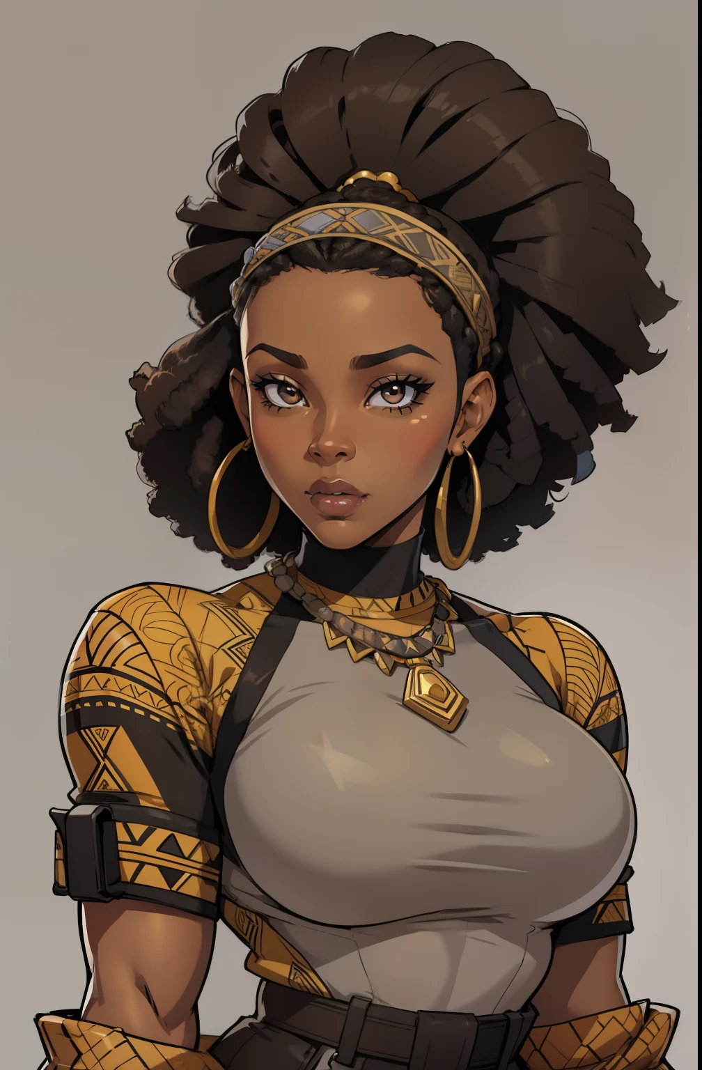 серый фон, (35-летняя женщина) смуглая кожа, красивая афроамериканка, Один, 1 девочка, Портрет, Африканские волосы, Супер подробный, Современный стиль, прямой взгляд, контурный