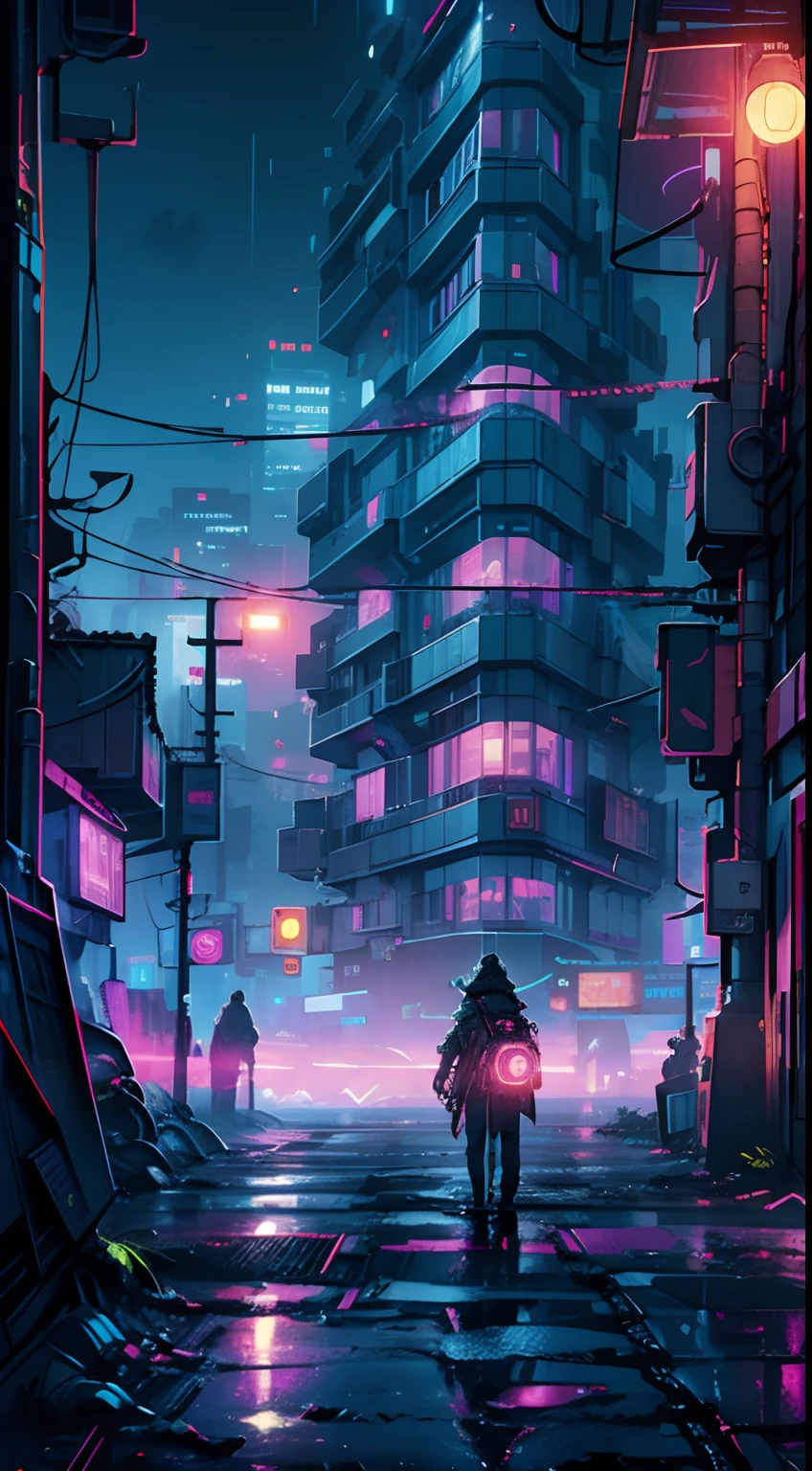 cyberpunk city, neon, fog, intricate, buildings, purple, red, cool, crazy,badass, epic,cinematic, dramatic light,detailed,style,artistic,digital art, wires,inperfections,futuristic