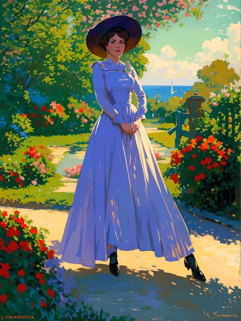 Painting of a woman in a blue dress and hat walking down the street, Tim Hildebrandt's style, Colin Campbell Cooper Speed Art, tim hildebrandt, greg hildebrandt, Tim and Greg Hildebrandt, Brother Hildebrandt, Greg Hildebrandt Very detailed, in style of ste...