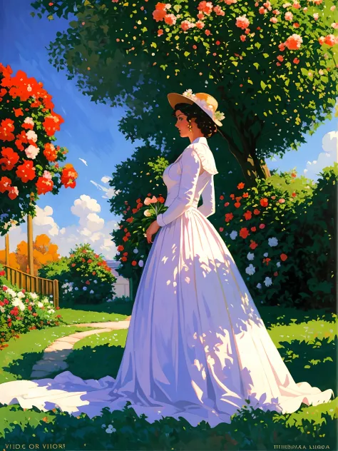Painting of a woman in a white dress and hat in the garden, Greg Hildebrandt Very detailed, Tim Hildebrandt's style, greg hildebrandt, Tim and Greg Hildebrandt, hildebrandt, tim hildebrandt, Brother Hildebrandt, in a garden, otto schmidt, Brother Hildebran...