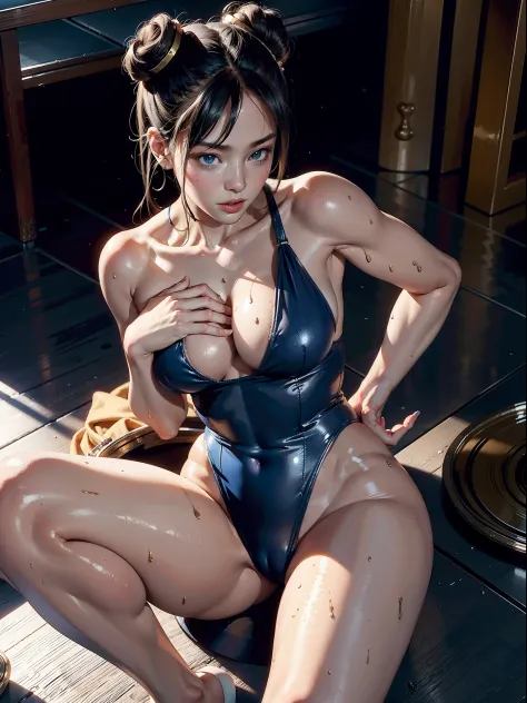 Best Quality, Masterpiece, Ultra High Resolution, rembrandt Lighting, night time, background dark, chun li street fighter, attractive, sexy blue wet swimsuit outfit, no cleavage, seductive, sitting down on floor, extra curves, wet skin, petite breasts, whi...