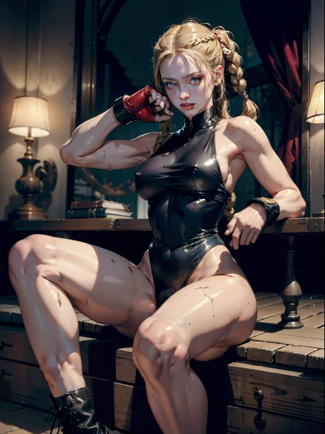 Best Quality, Masterpiece, Ultra High Resolution, rembrandt Lighting, night time, background dark, cammy street fighter, attractive, long blonde braided hair, sexy vibrant singlet blue outfit, wearing red combat gloves, combat boots,  tight leggings, seduc...