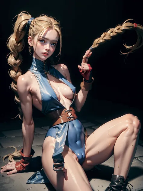 Best Quality, Masterpiece, Ultra High Resolution, rembrandt Lighting, night time, background dark, cammy street fighter, attractive, long blonde braided hair, sexy vibrant singlet blue outfit, wearing red combat gloves, combat boots,  tight leggings, seduc...