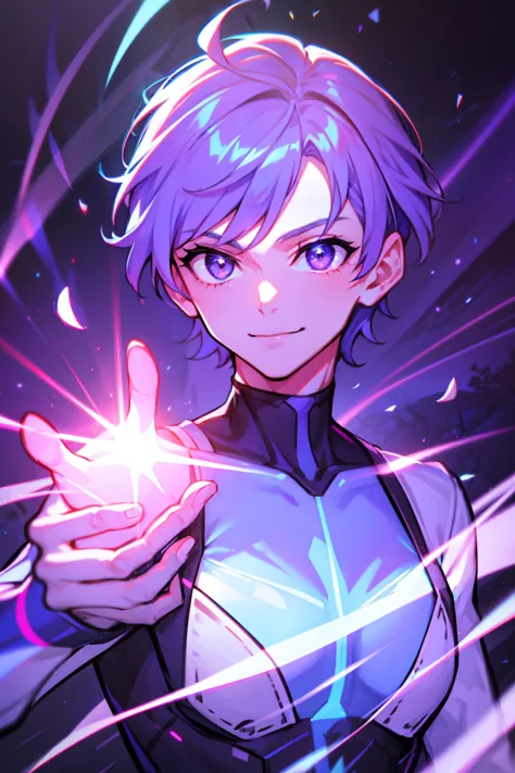 cute man, Glowing purple and blue hair, white skin, black body suit, glowing eyes, smile, cave with light blue lighting