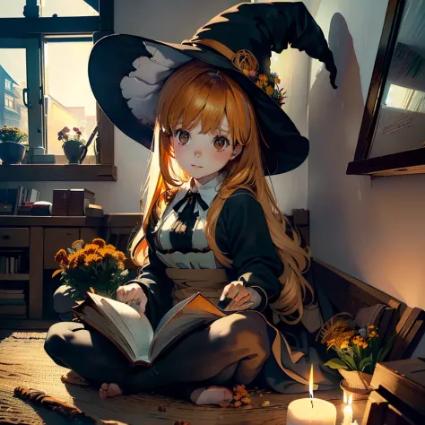 Best Quality,masutepiece,(Anime style),ultra-detailliert,A detailed face,One girl, brown bun hair:1.3, Brown eyes,(((Log house without detailed windows,Witch's Room,With you:1.3,Bundles of dried herbs and dried flowers to be hung on the wall:1.3,Big desk a...