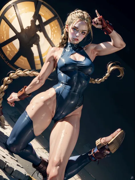 Best Quality, Masterpiece, Ultra High Resolution, rembrandt Lighting, night time, background dark, cammy street fighter, attractive, long blonde braided hair, sexy singlet vibrant blue outfit, wearing red combat gloves, combat boots, leggings, no cleavage,...