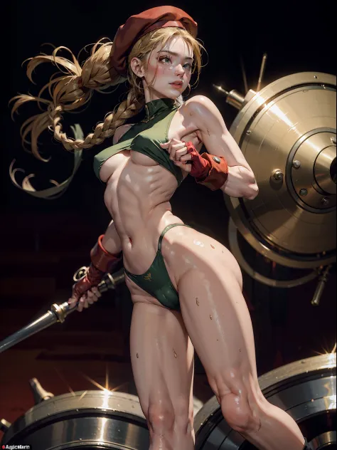 Best Quality, Masterpiece, Ultra High Resolution, rembrandt Lighting, night time, background dark, cammy street fighter, attractive, long blonde braided hair, wearing red army beret hat, sexy singlet vibrant green outfit, wearing red combat gloves, combat ...