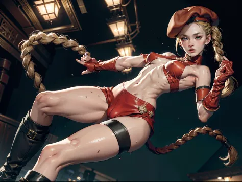 Best Quality, Masterpiece, Ultra High Resolution, rembrandt Lighting, night time, background dark, cammy street fighter, attractive, long blonde braided hair, wearing small red army beret hat, sexy singlet vibrant green outfit, wearing red combat gloves, c...