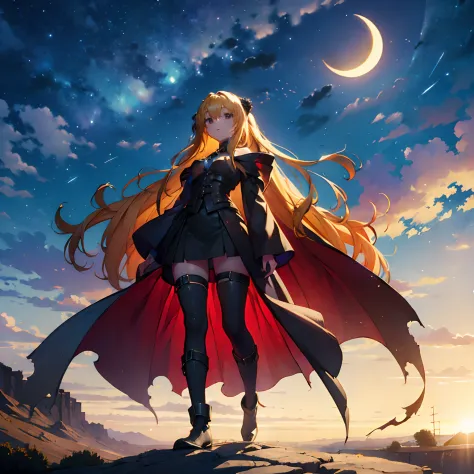 masterpiece, best quality, ultra-detailed, illustration, 1girl, solo, fantasy, flying, floating, Yami the Golden Darkness, night...