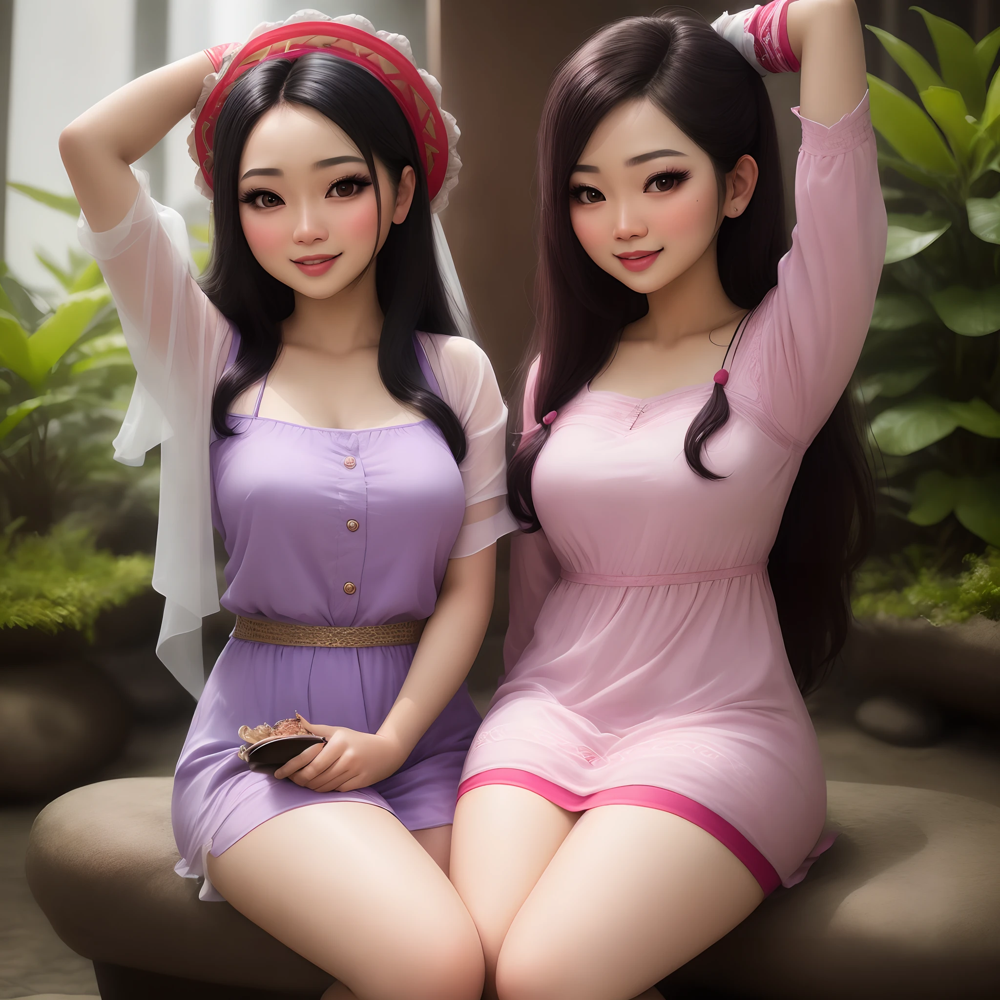 Two asian women in purple dresses sitting on a bench - SeaArt AI