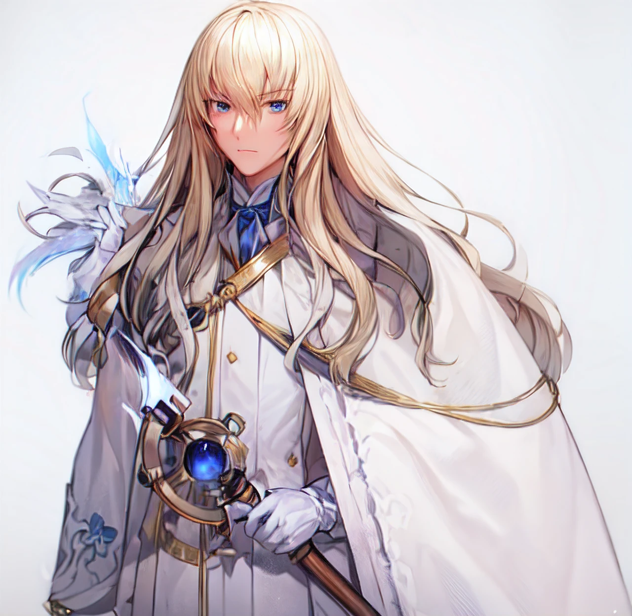 absurdres, masterpiece, bestquality, a man in a cape standing alone holding a staff, 1boy, long hair, blonde hair, male focus, solo, white gloves, weapon, blue eyes, white suit with gold accent, staff, white gloves, formal, white half-cape, half body, handsome, blue cravat, no background