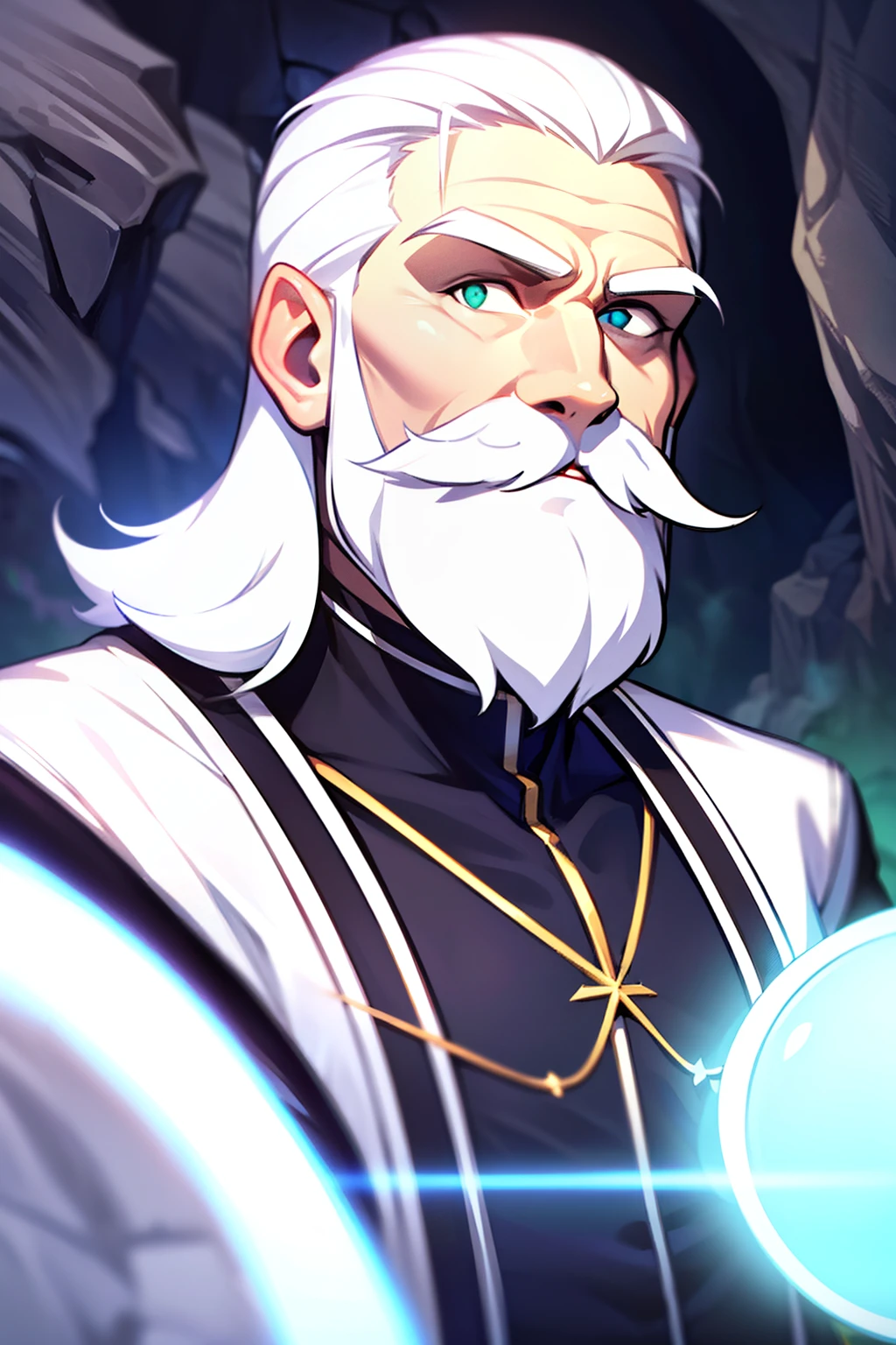 jolly, old man, green eyes,advisor, ,wrinkles, white hair with white mustache, white skin, black body suit, glowing eyes, smile, cave with light blue lighting