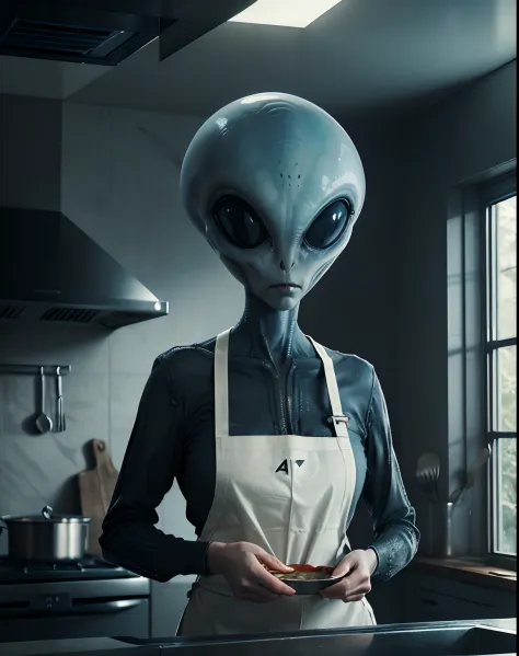 (an alien with a big head:1.4), apron and cooking in a kitchen, extraterrestrial, (best quality, 4k, highres, masterpiece:1.2), ultra-detailed, HDR, professional, vivid colors, sci-fi style, vibrant lighting