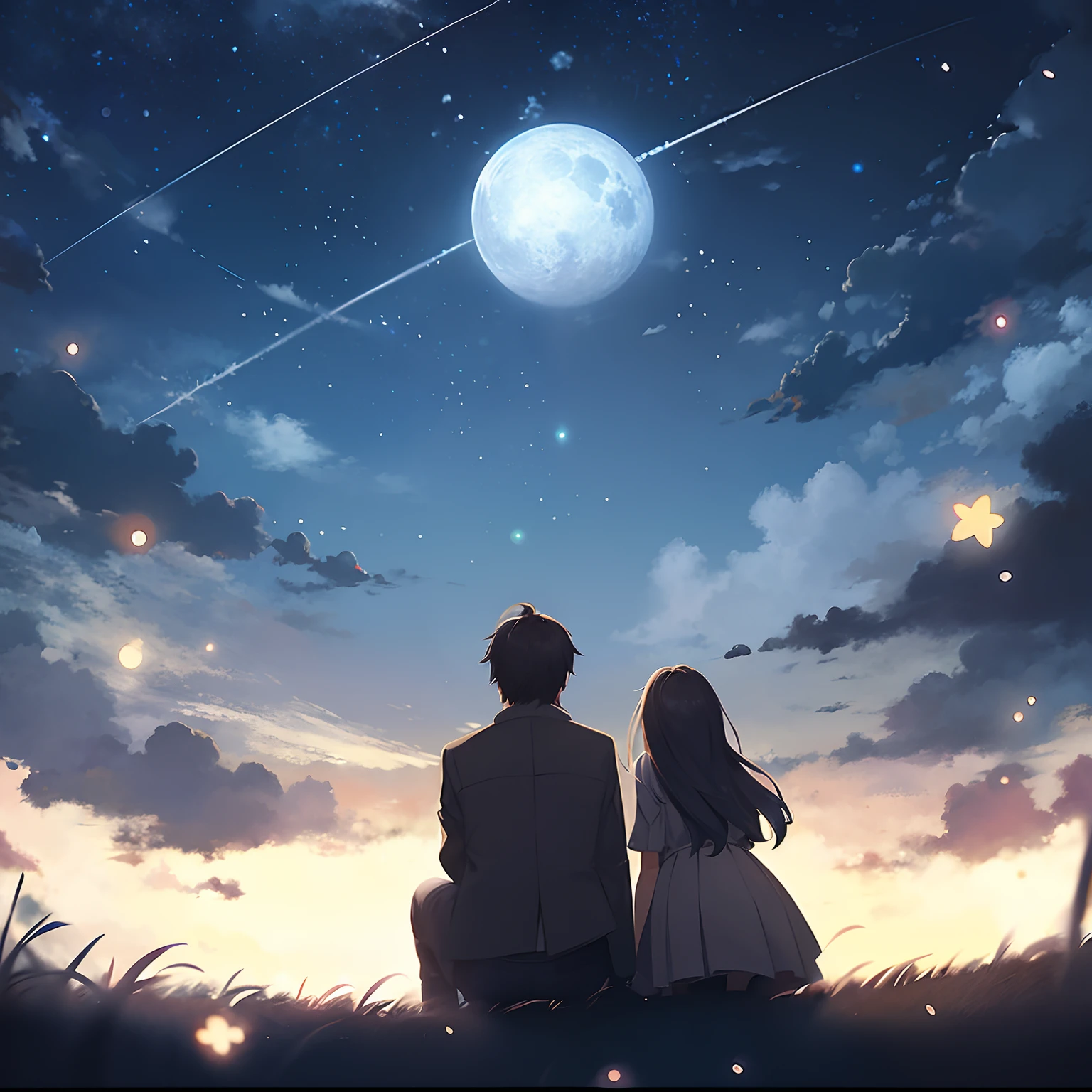 Anime couple looking at the stars in the sky, anime backgrounds, sakimichan and makoto shinkai, 4k manga wallpapers, Guweiz e Makoto Shinkai, 4K anime wallpaper, Anime background art, ( ( Makoto Shinkai ) ), Anime Sky, anime movie backgrounds, Fiona Staples e Makoto Shinkai, Anime wallpaper 4K